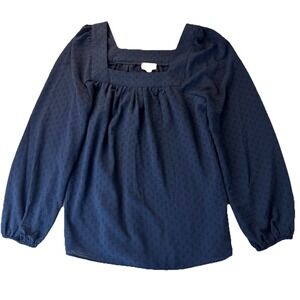 Wonderly‎ Blouse Women Large Navy Blue Square Neck Textured Long Sleeve Top